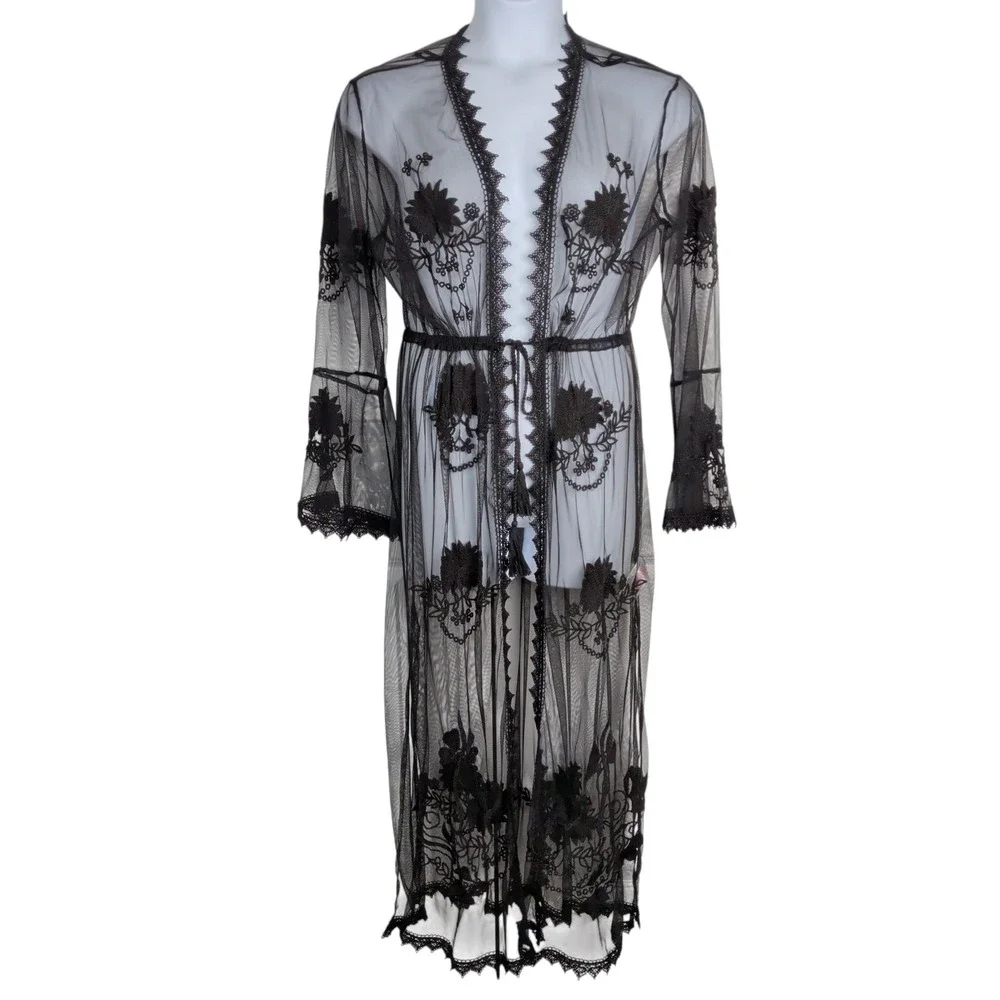 Whimsigoth Fairy Sheer Mesh Floral Embroidered Duster Kimono Robe